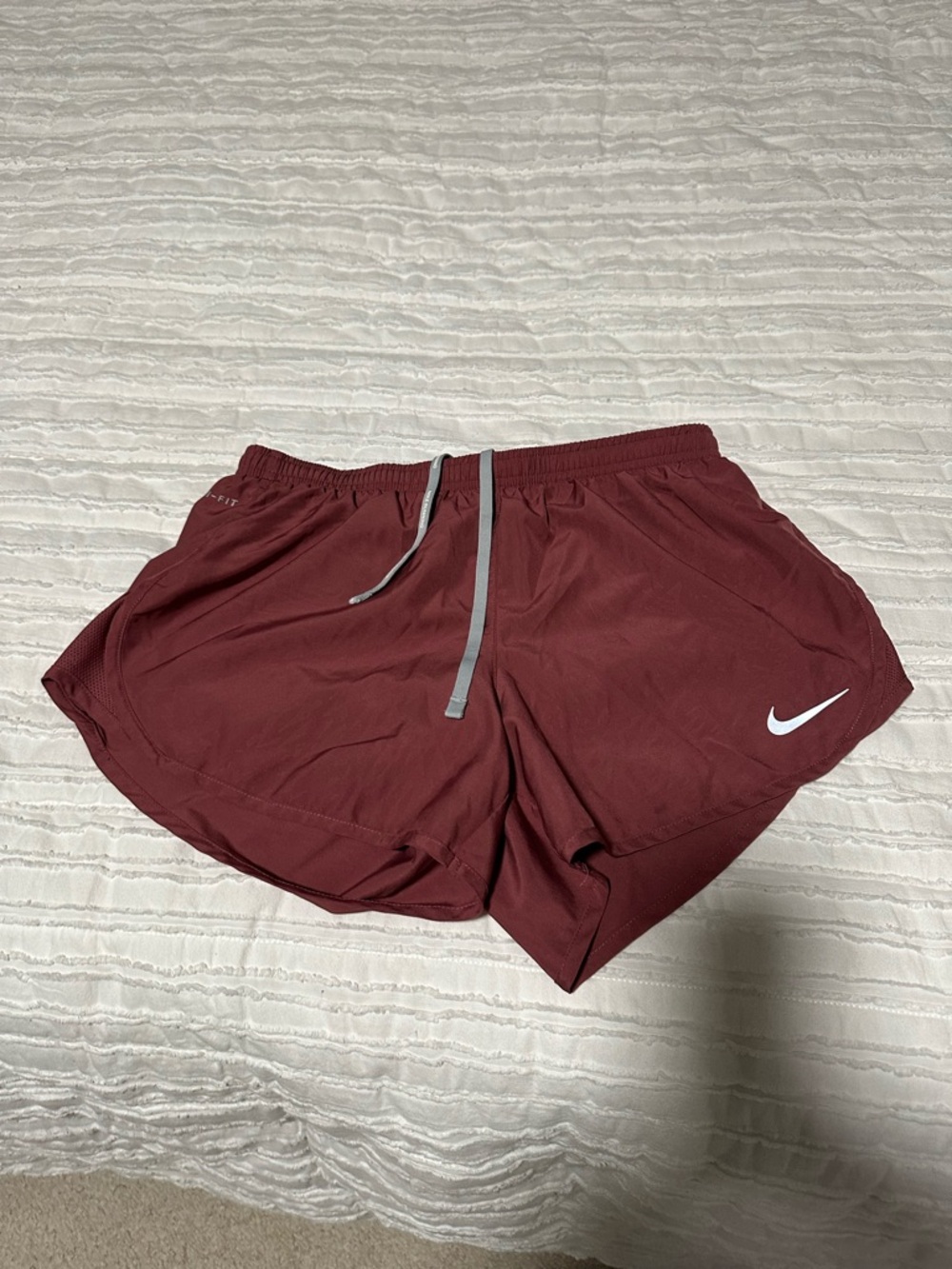 Nike Women's Maroon Athletic Dri-FIT Shorts with White Swoosh
